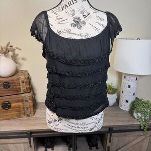 Vintage Cache 100% Silk Beaded Ruffle Flutter Sleeve Blouse Size 10 Y2k Fairy